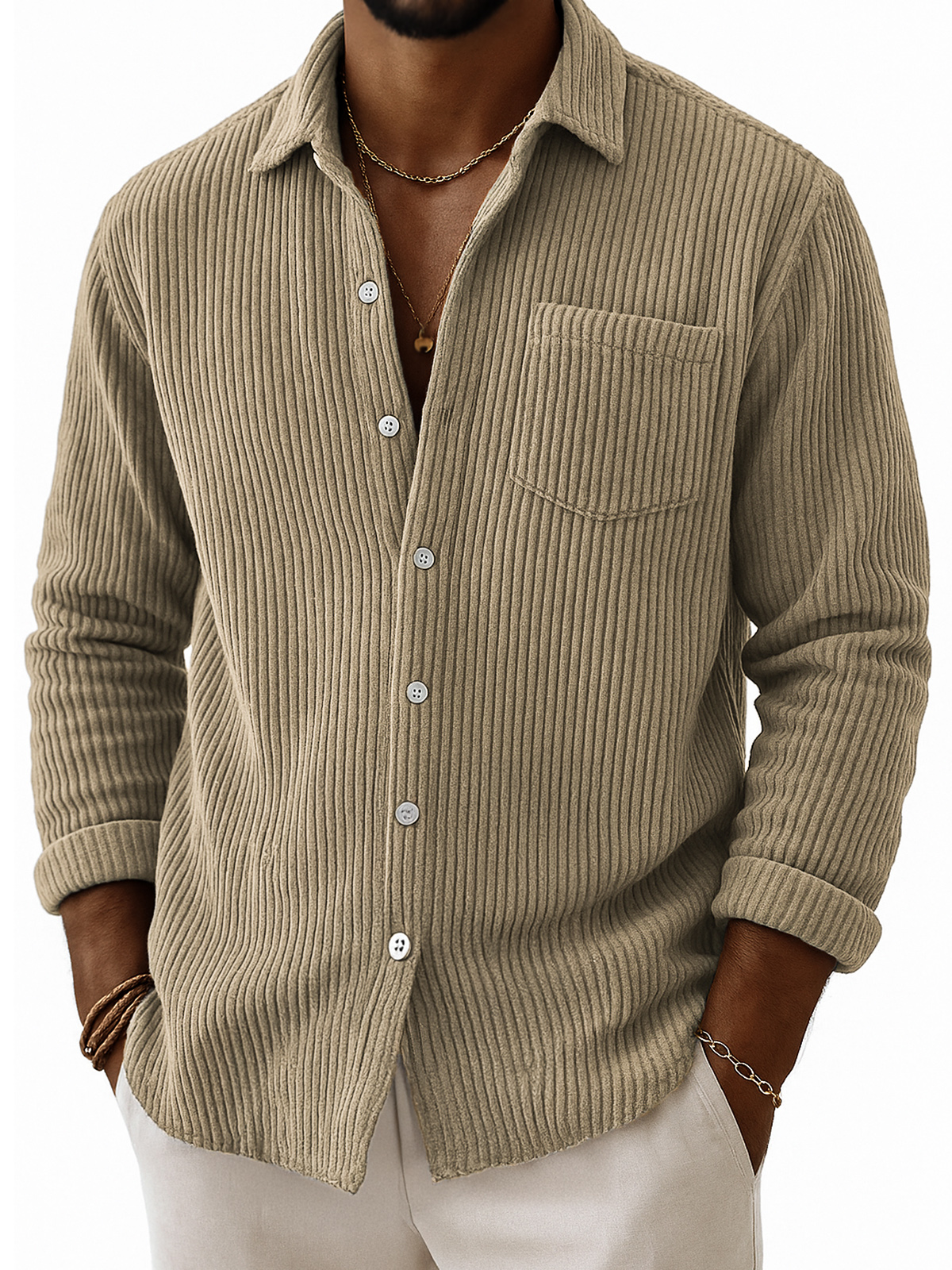Men's Stylish Corduroy Ribbed Long-Sleeve Shirt with Chest Pocket