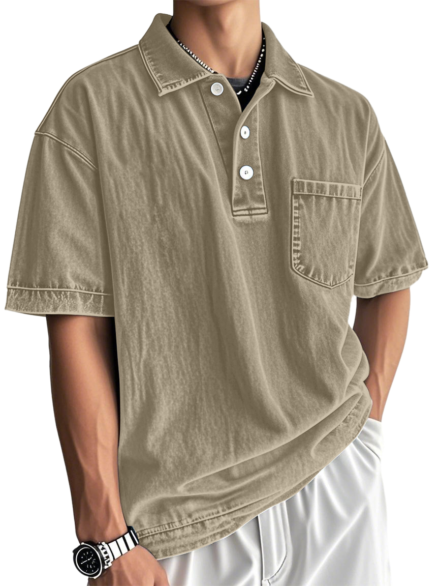 Men's Washed And Distressed Cotton Vintage Casual Polo Shirt