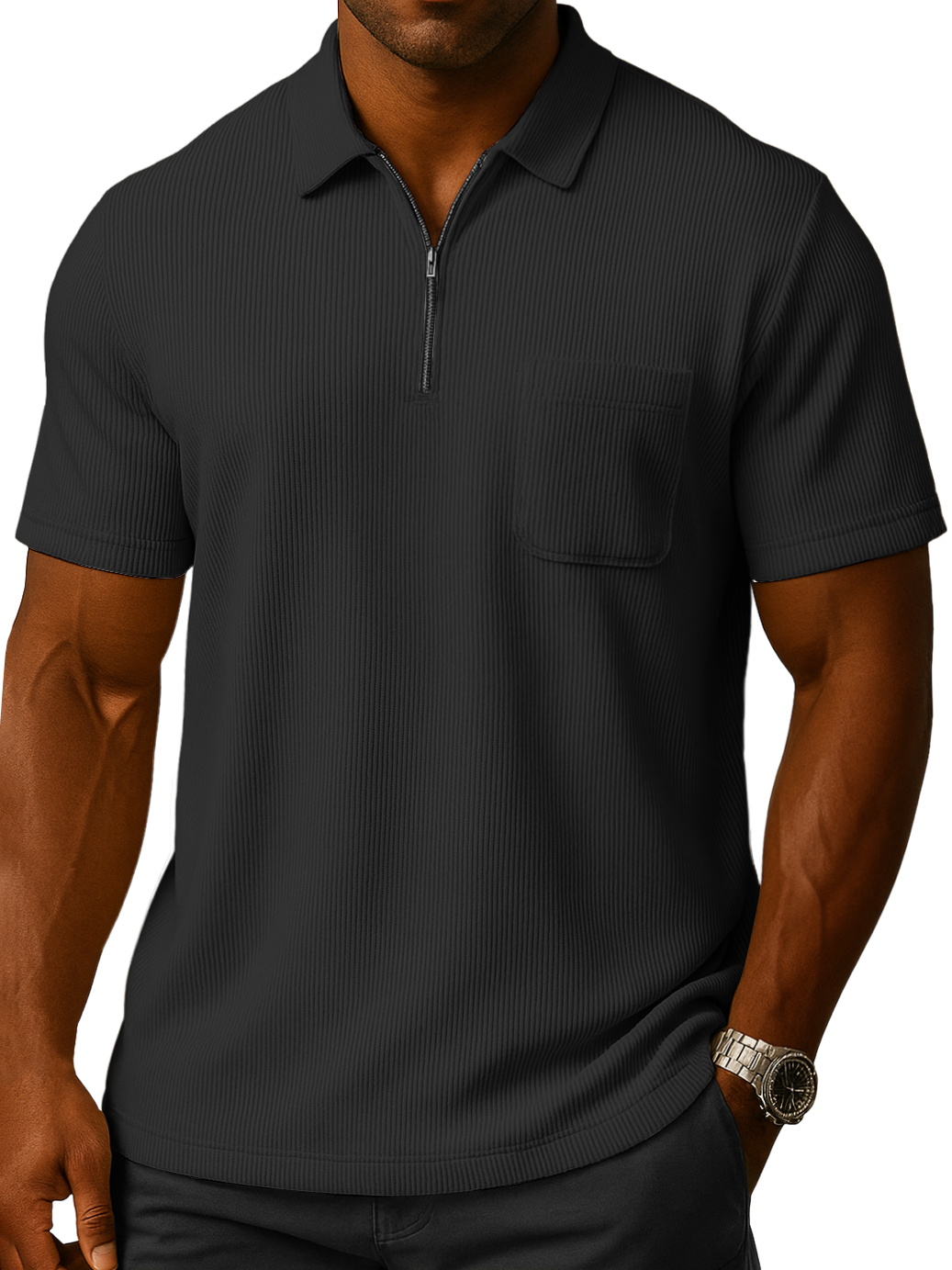 Men's Solid Color Loose And Comfortable Vertical Stripes Zipper Pocket Short-sleeved Polo Shirt
