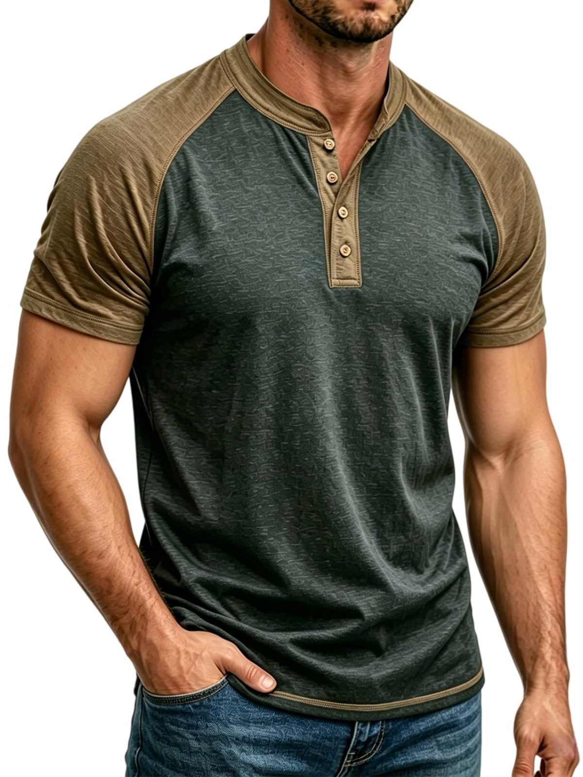 Men's Fashionable Casual Versatile Color-blocked Raglan Sleeve Henley Shirt