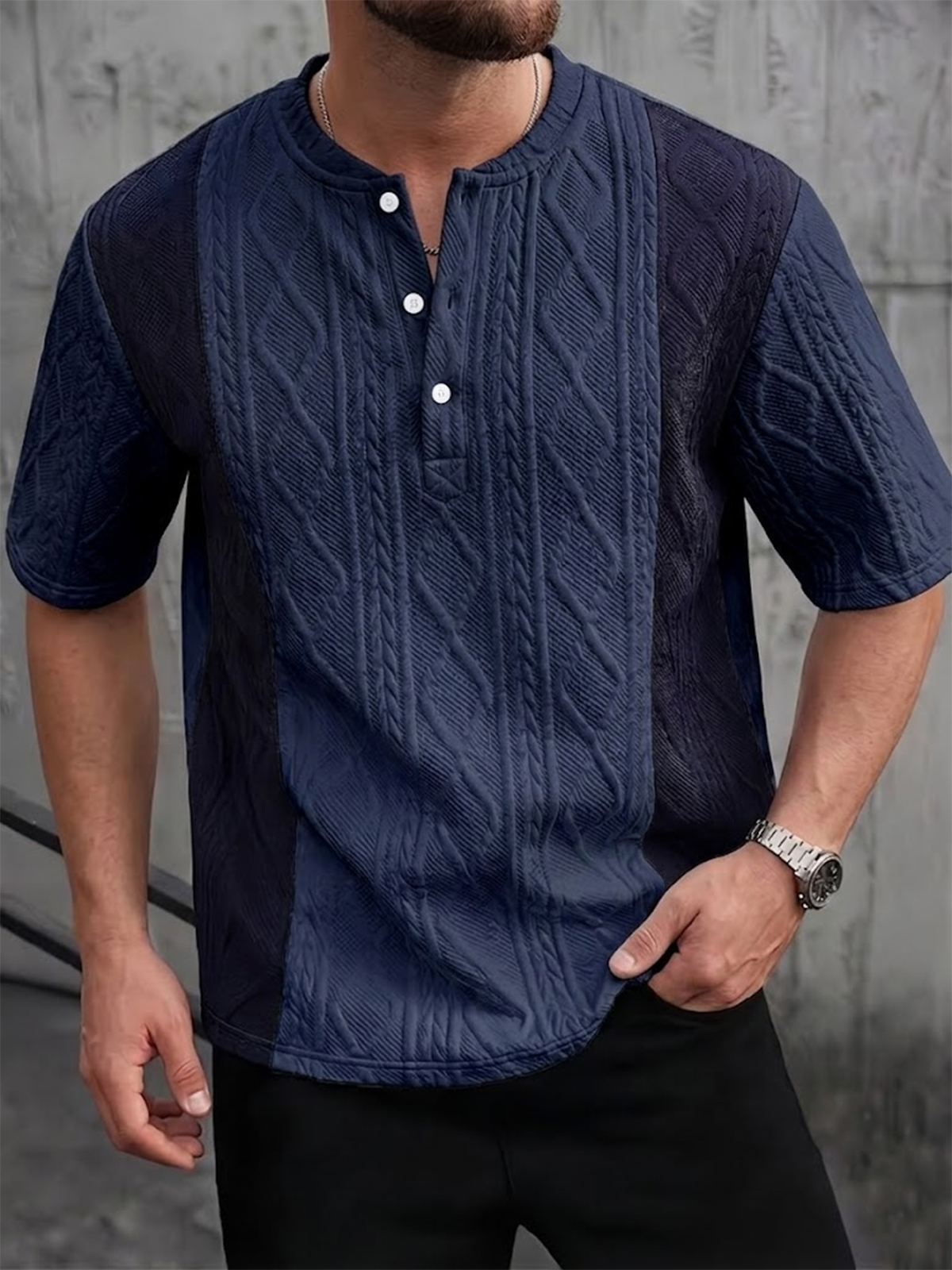 Men's Color-blocked Jacquard Textured Pullover Henley
