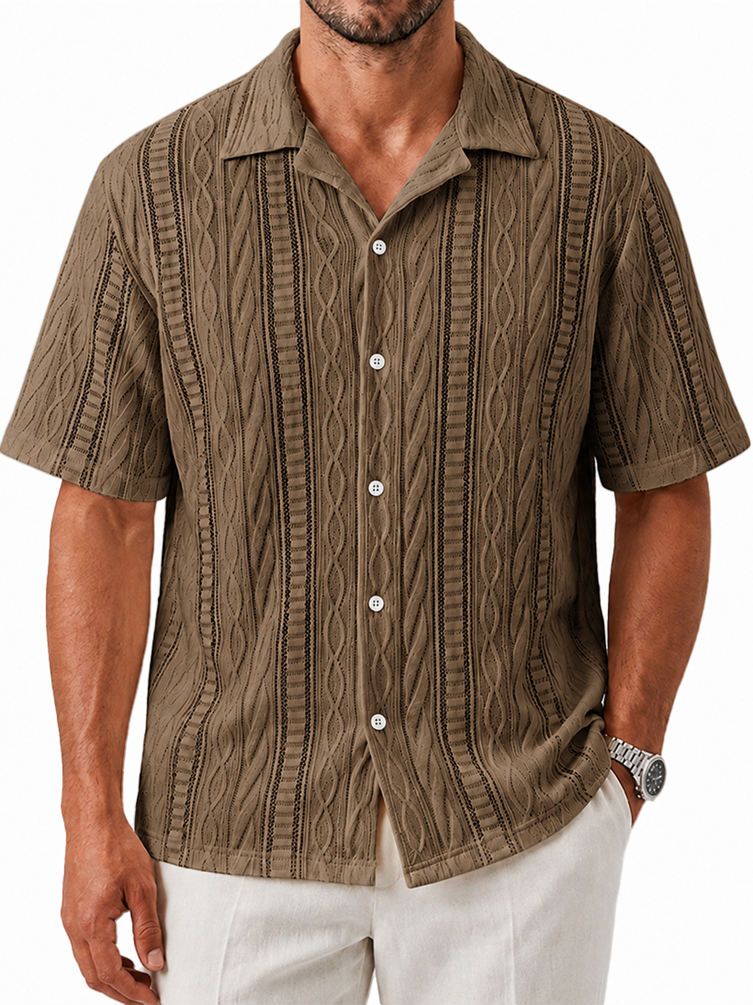 Men's Textured Casual Solid-Color Comfortable Short-Sleeve Shirt