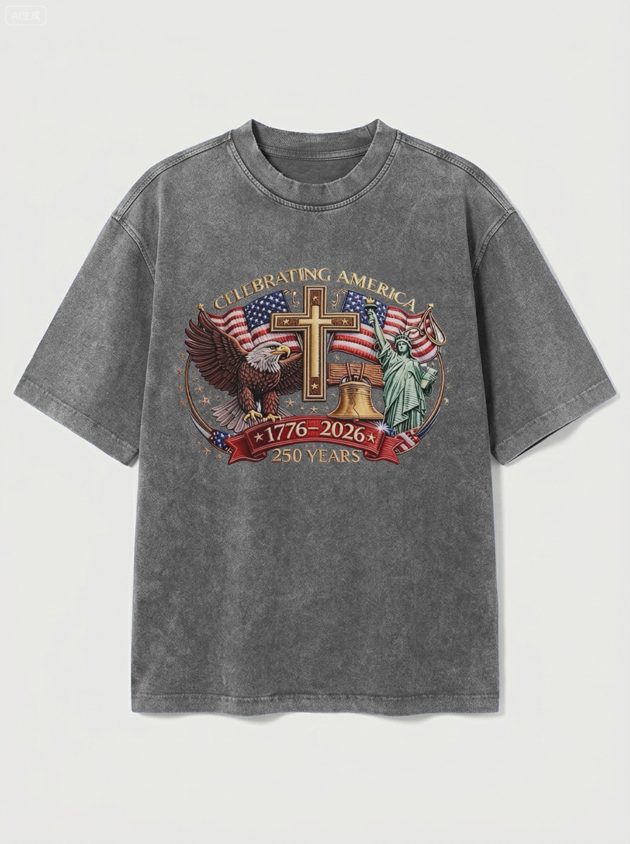 100% Cotton Vintage Washed & Distressed USA 250th Anniversary Crew Neck Short-Sleeve T-Shirt