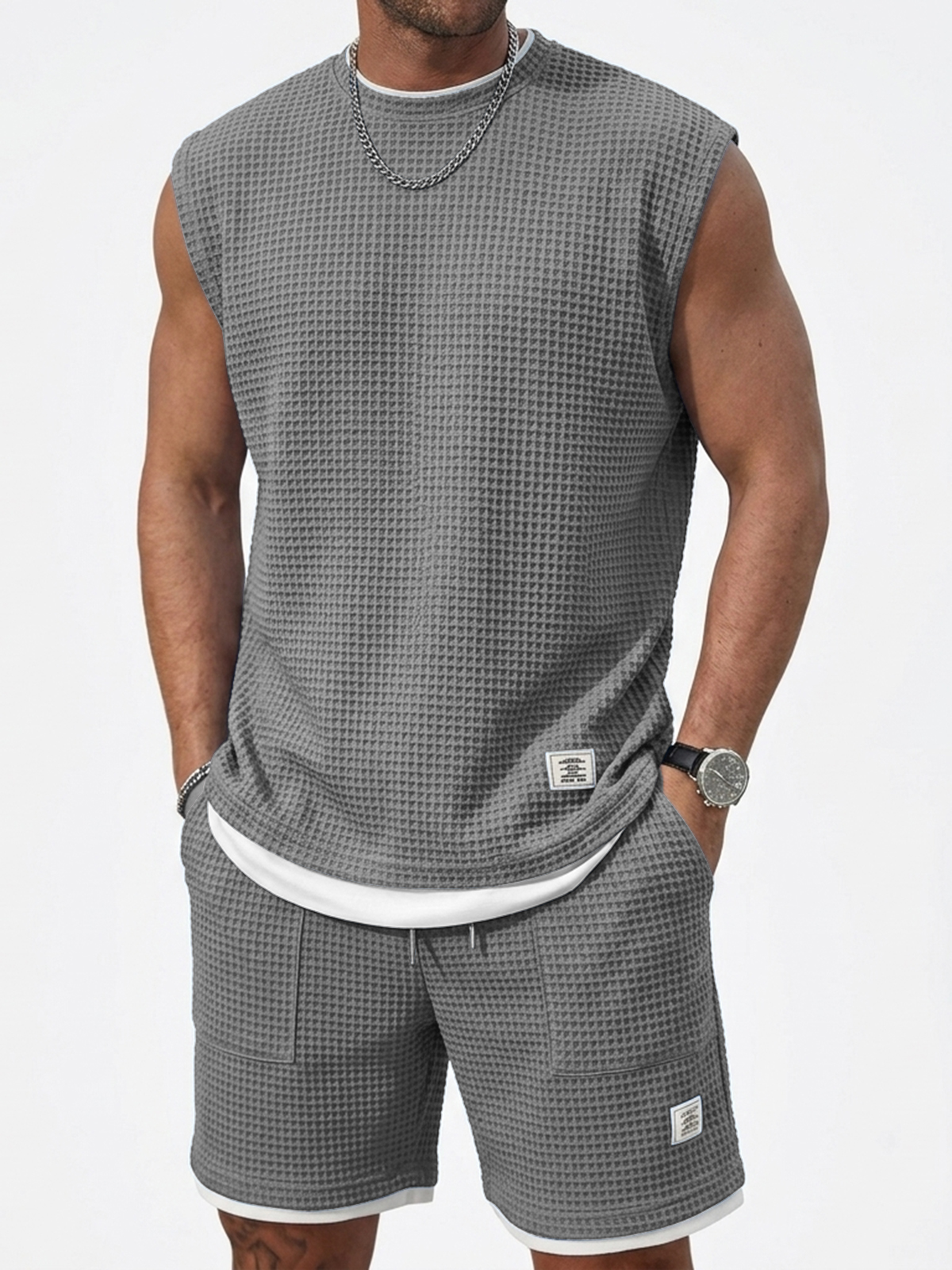Stylish And Casual Waffle Fabric Vest And Shorts Two-piece Set