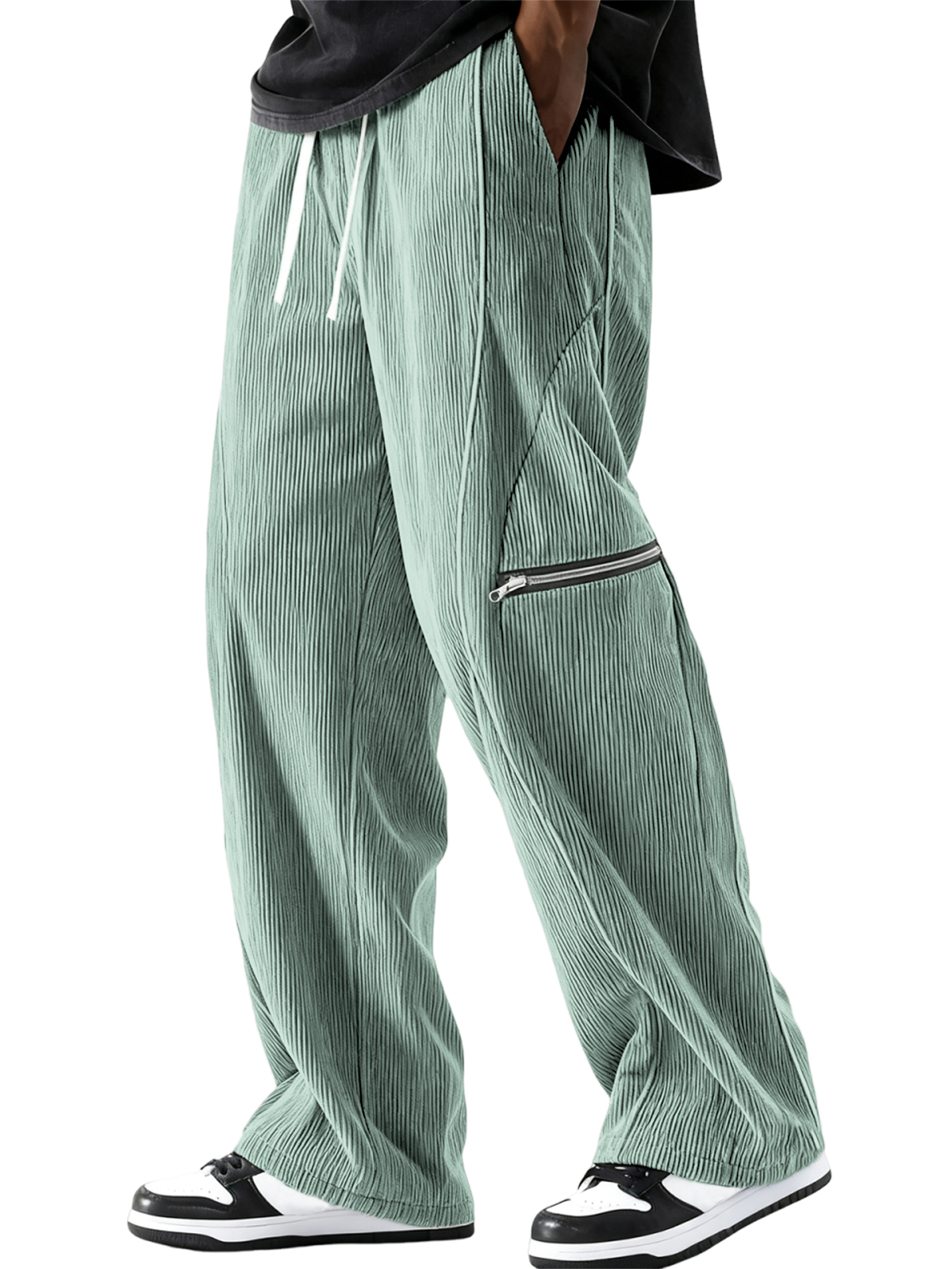 Men's Stylish Loose Corduroy Ribbed Pants with Zipper Pocket Everyday Trousers