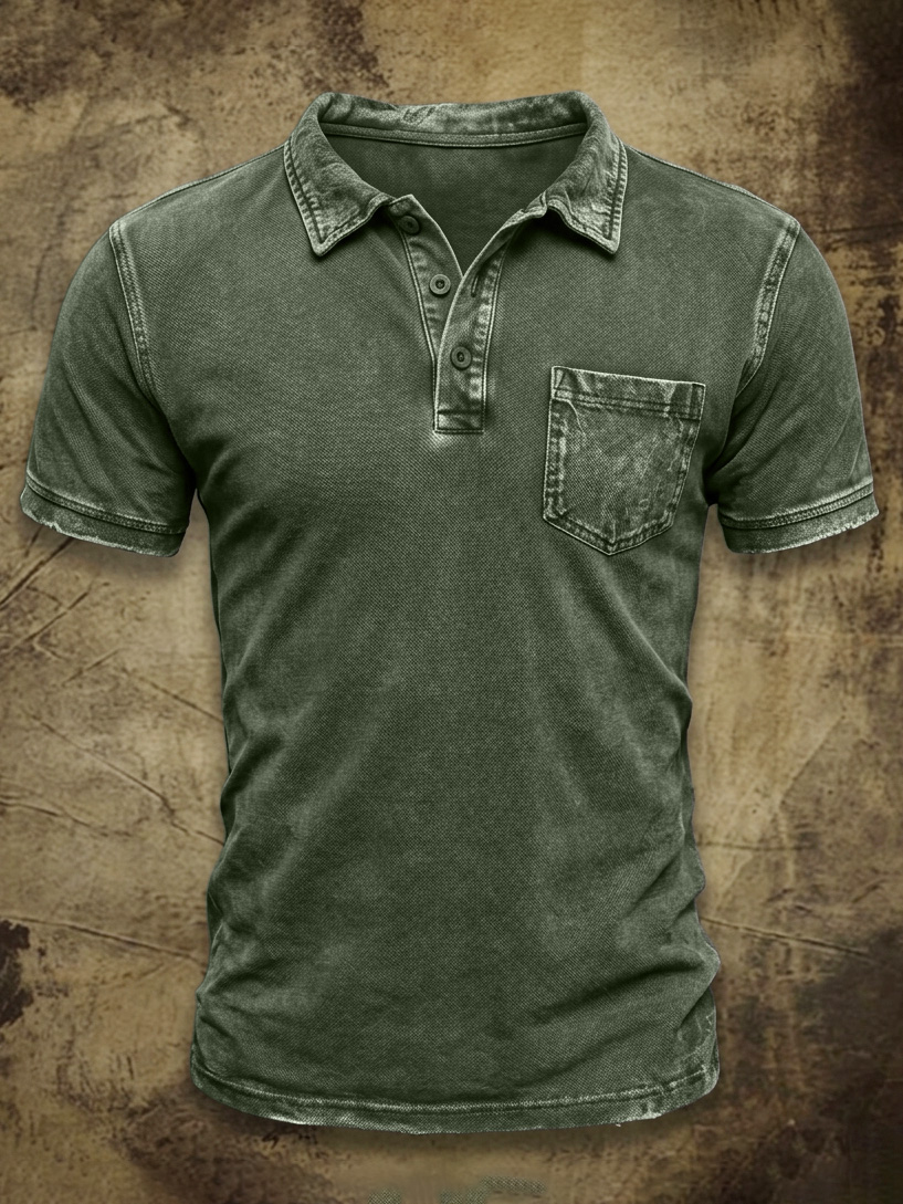 Men's Vintage Washed & Distressed Cotton Pocket Polo Shirt