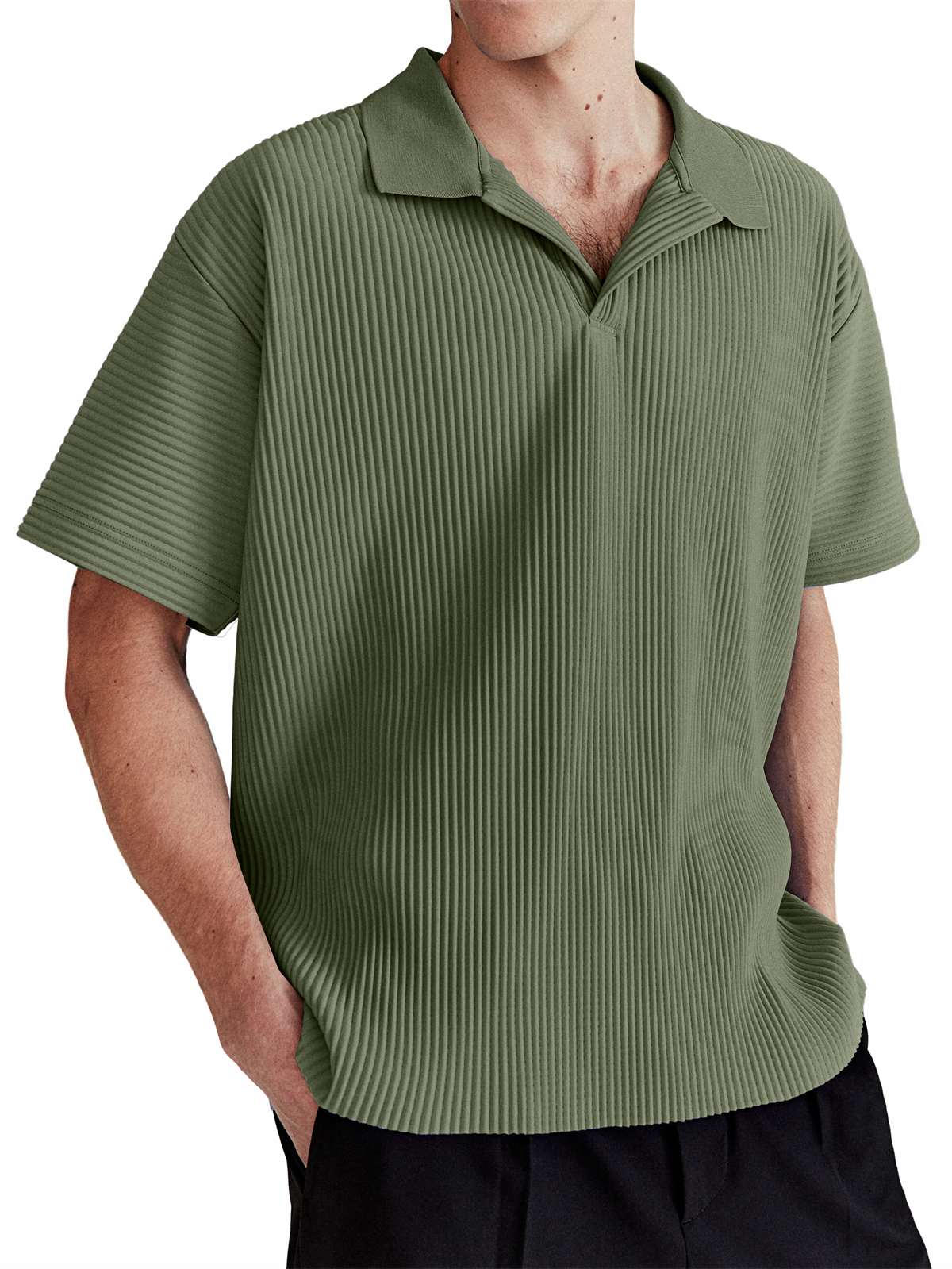 Men's Daily Casual Comfortable Vertical Striped Solid Color V-neck Short-sleeved Polo Shirt