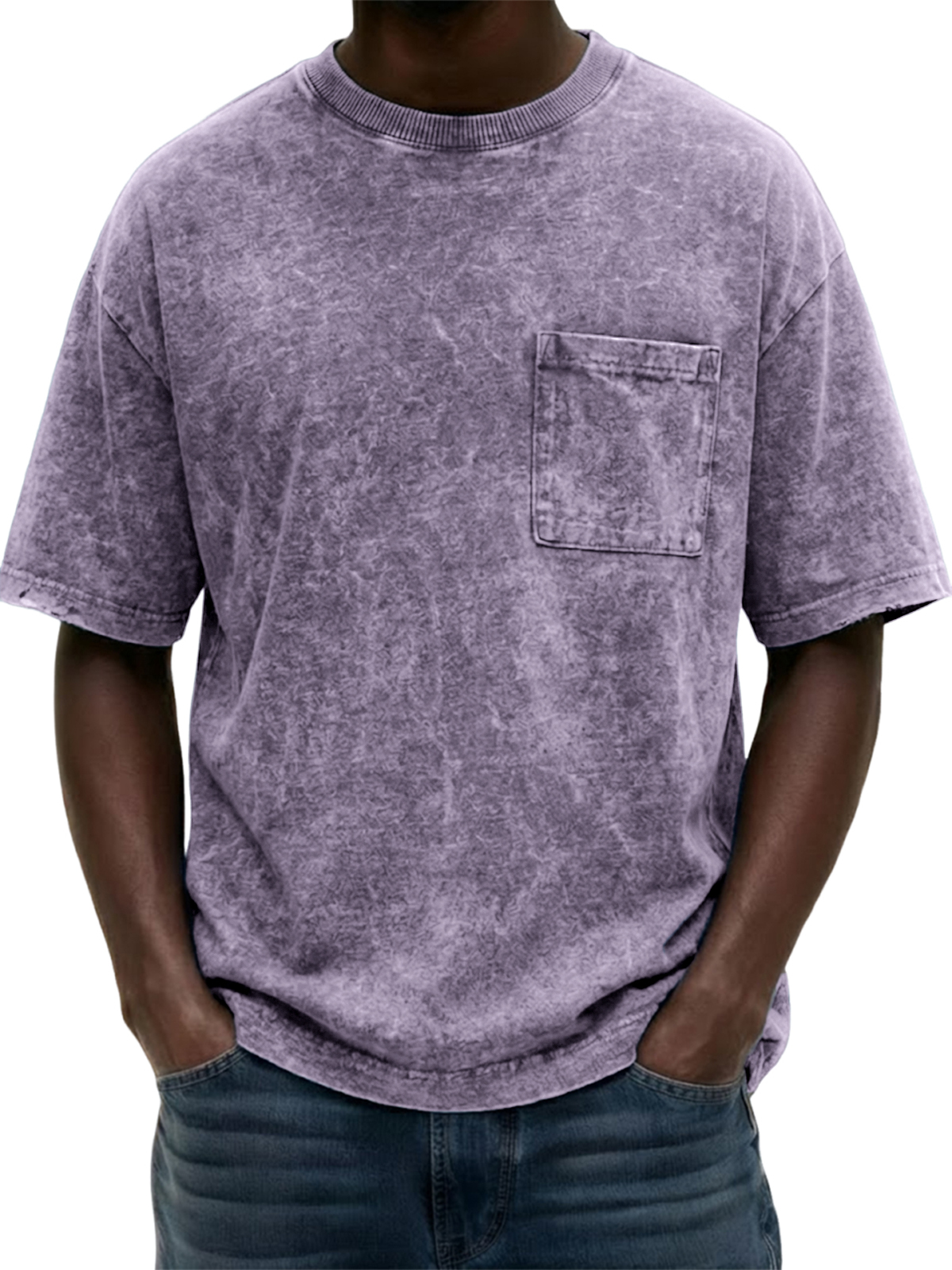 Men's Heavyweight Pure Cotton Washed Distressed Vintage Short-Sleeve T-Shirt with Chest Pocket