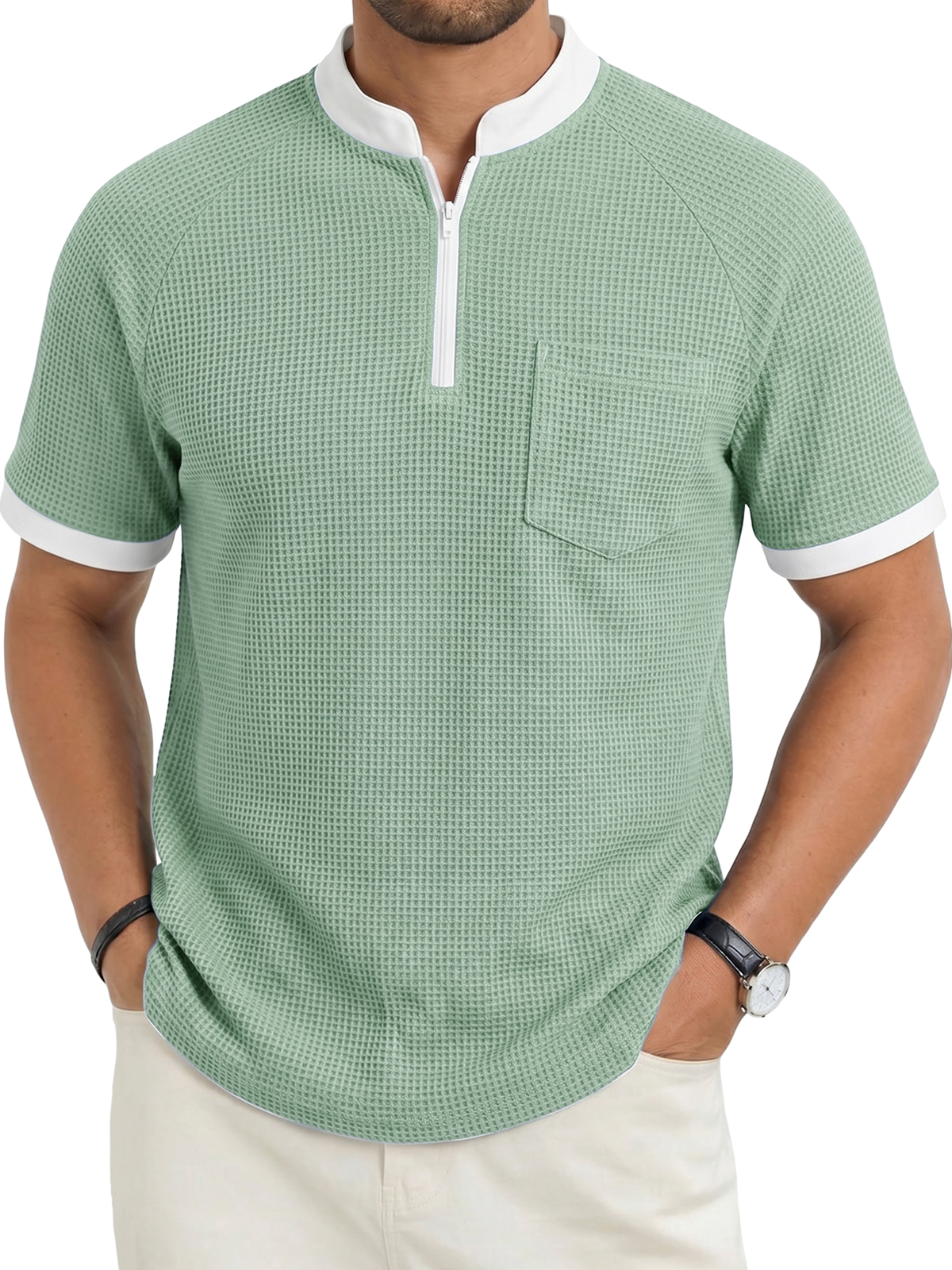 Men's Fashion Casual Stand Collar Zipper Waffle Fabric Pocket Short-Sleeve Top