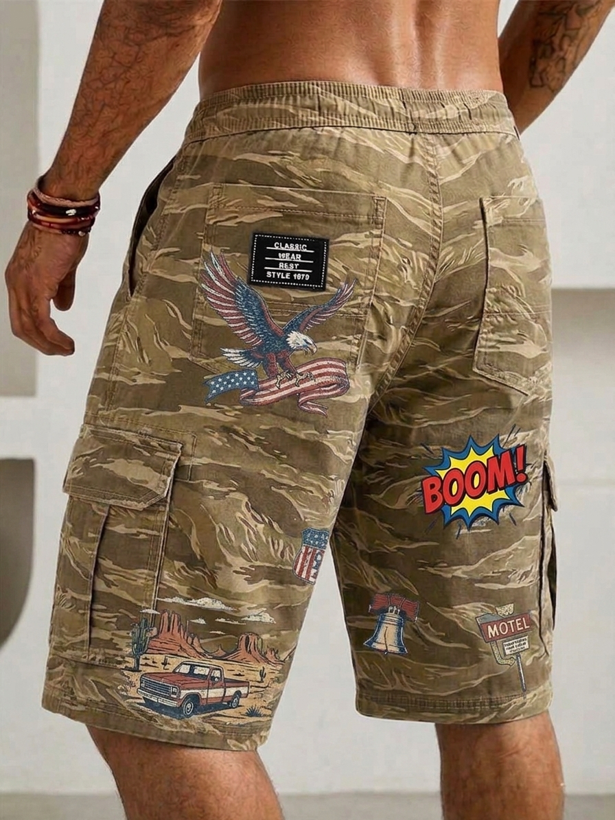 Vintage Camouflage Graffiti Print Cargo Basic Shorts