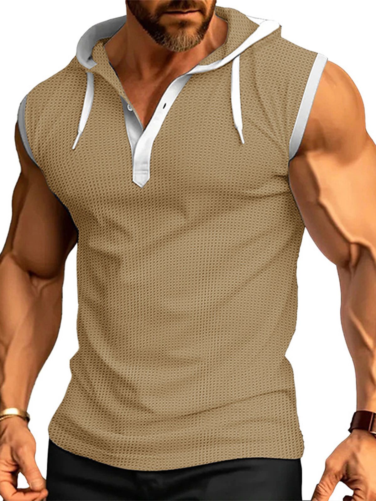 Men's Sleeveless Waffle Hooded Casual Fitness Sports Vest