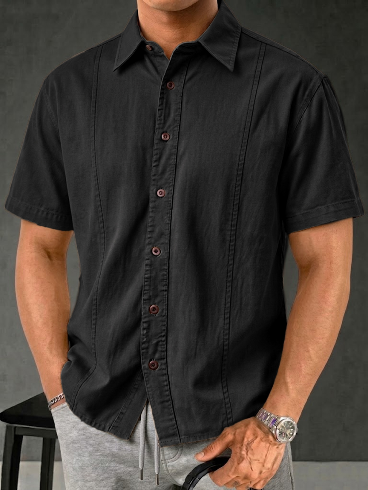 Men's Retro Solid Color Casual Patchwork Shirt