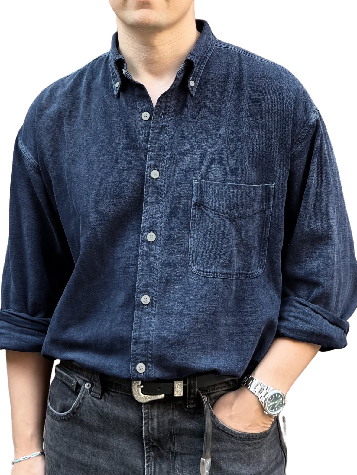 Men's Retro Fashion Distressed Pocket Long-Sleeve Shirt