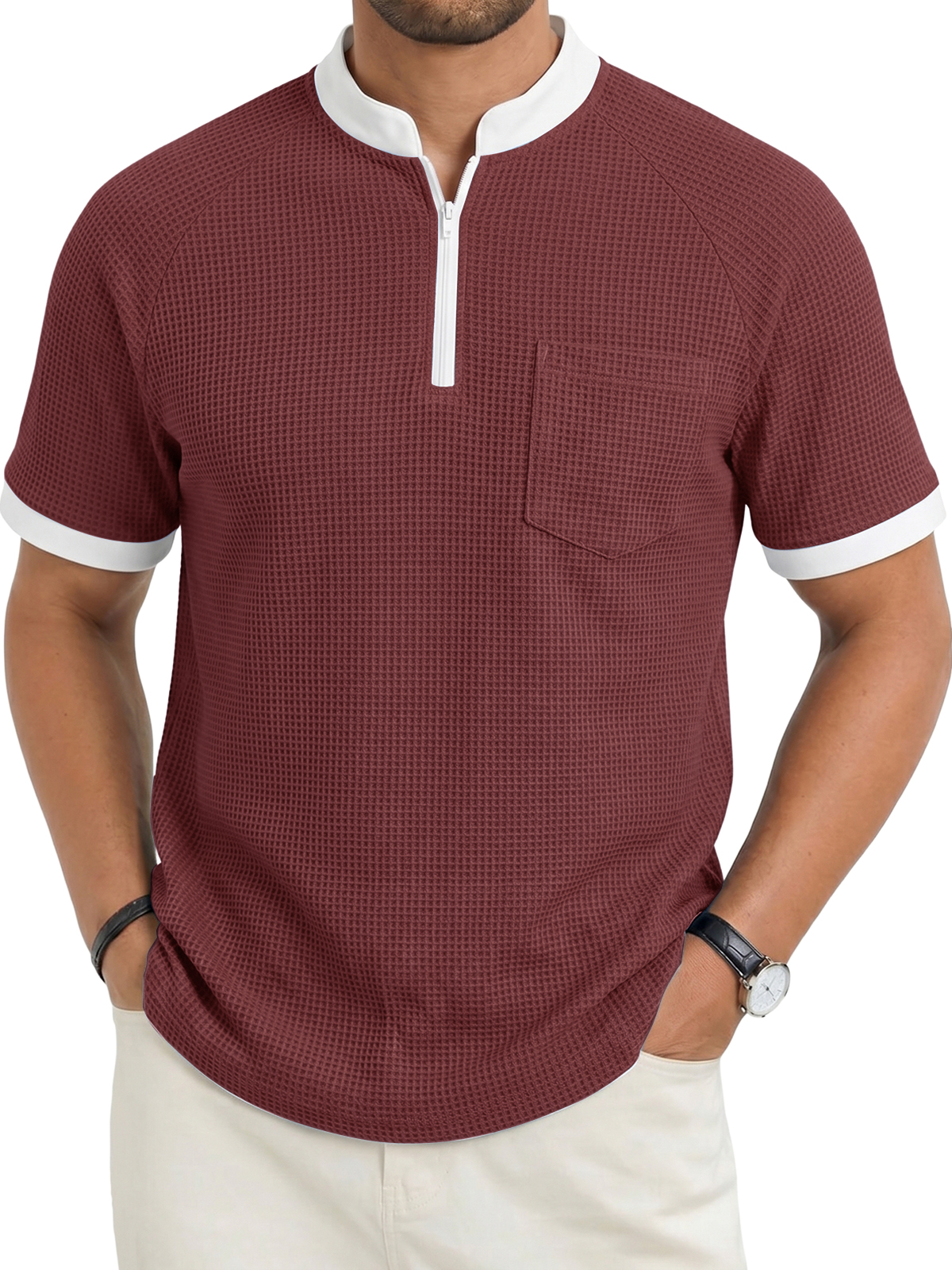 Men's Fashion Casual Stand Collar Zipper Waffle Fabric Pocket Short-Sleeve Top