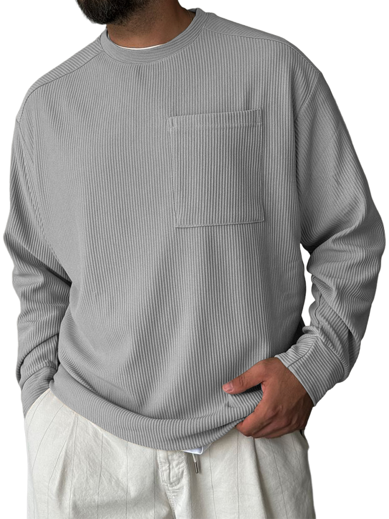 Men's Striped Jacquard Crew Neck Pocket Casual Comfortable Long-sleeved T-shirt