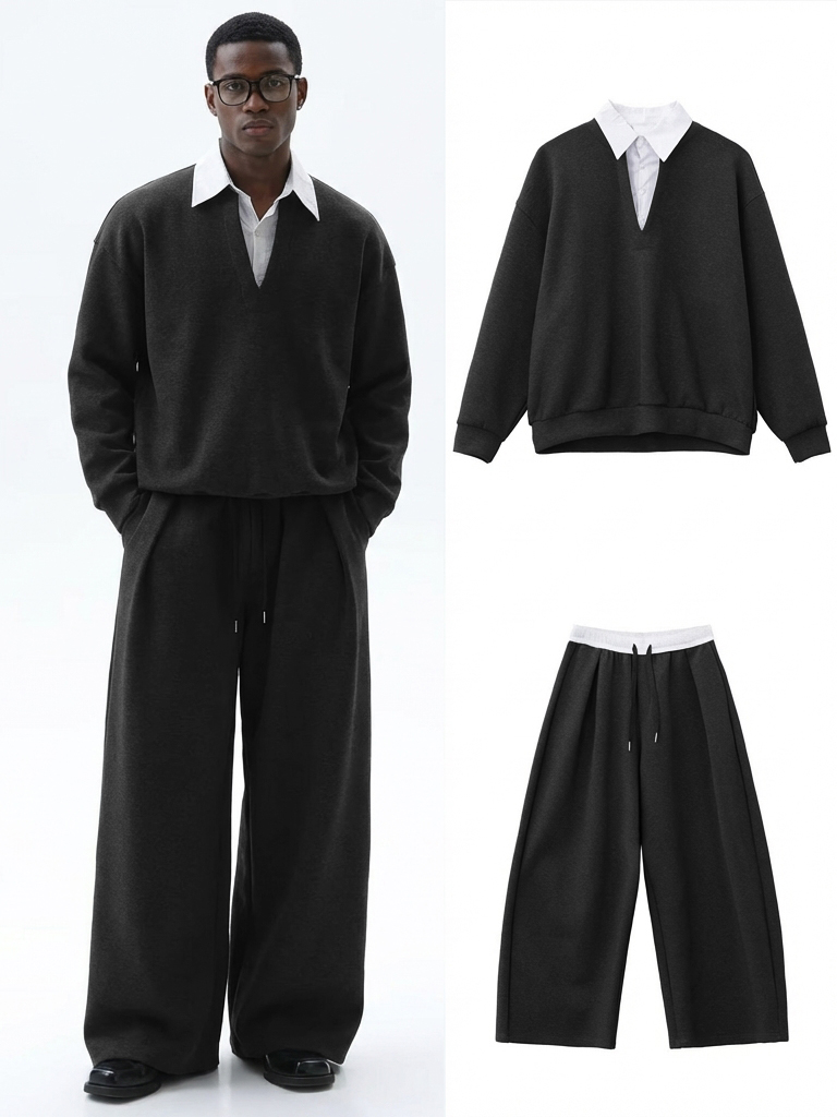 Men's Retro Fashion V-neck Polo Shirt and Pants Set OOTD
