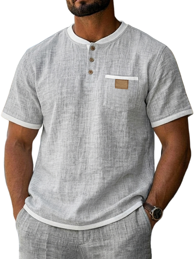 Men's Casual Breathable Linen Embroidered Logo Short-sleeved Henley Shirt