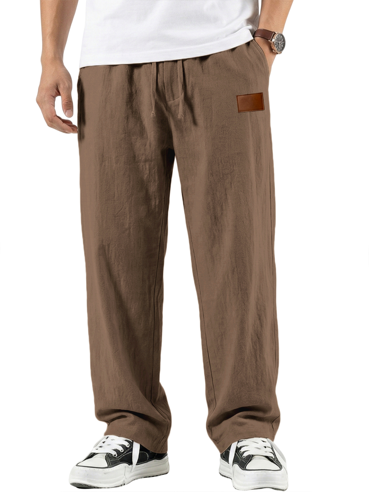 Men's Comfort Cotton-linen Breathable Pants with Embroidered Leather Labels