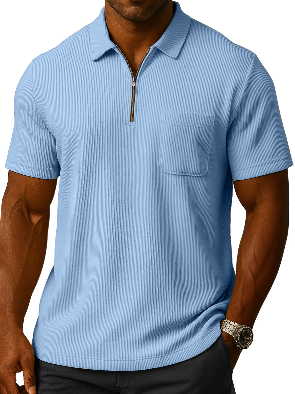 Men's Solid Color Loose And Comfortable Vertical Stripes Zipper Pocket Short-sleeved Polo Shirt