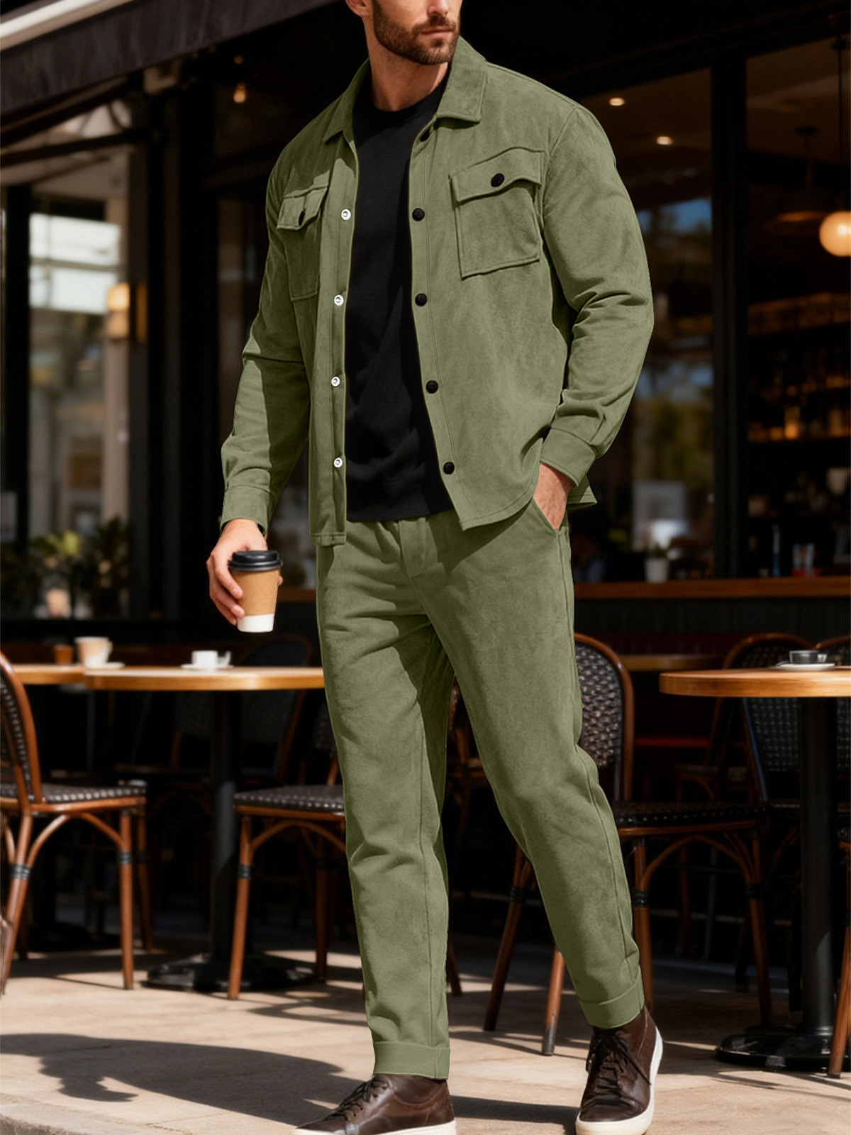 Heavyweight Casual Solid Color Suede Jacket and Trousers Set