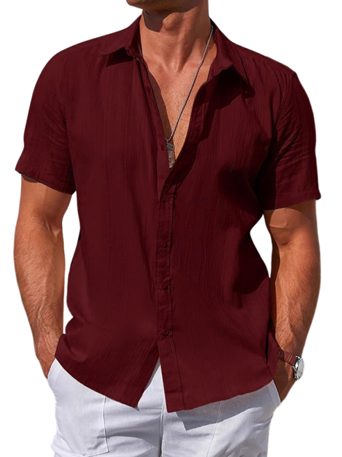 Men's Striped Textured Casual Vacation Short Sleeve Shirt