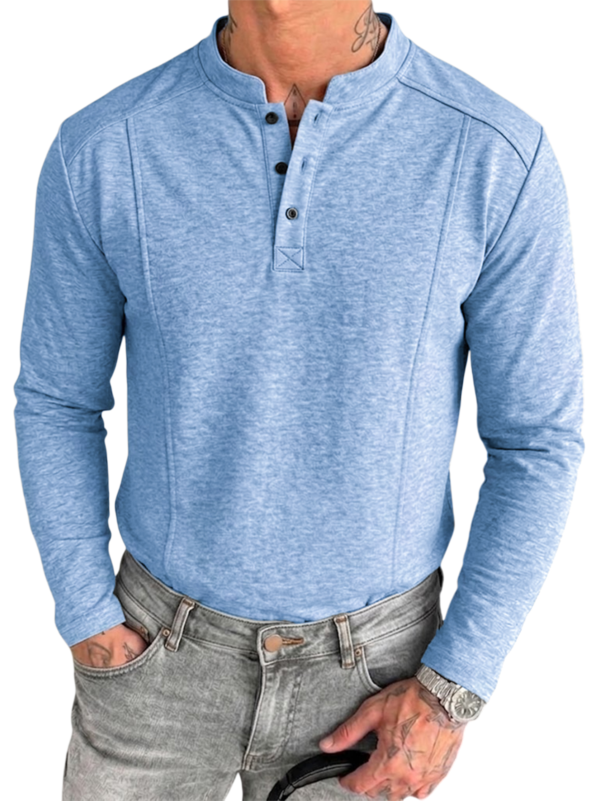 Men's Retro Textured Deconstructed Long-Sleeve Pullover Henley Shirt