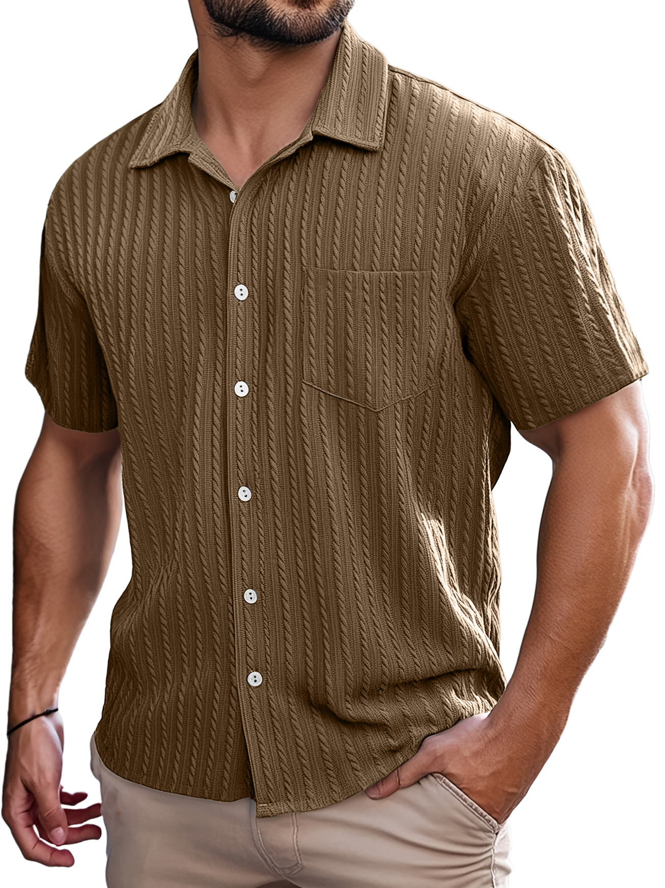 Men's Retro Casual Striped Jacquard Pocket Short-sleeved Shirt