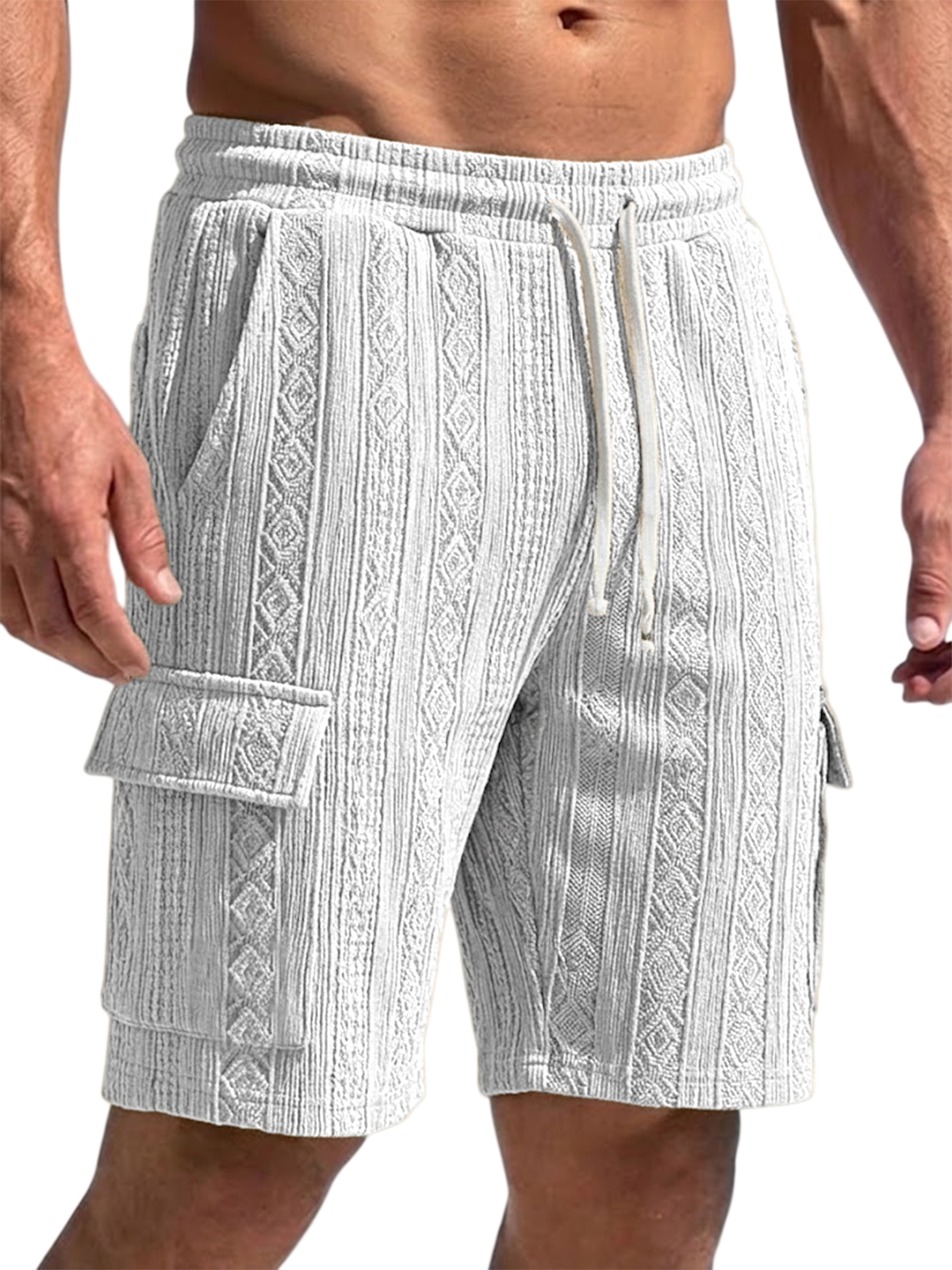 Men's Jacquard Retro Multi-pocket Casual Drawstring Shorts