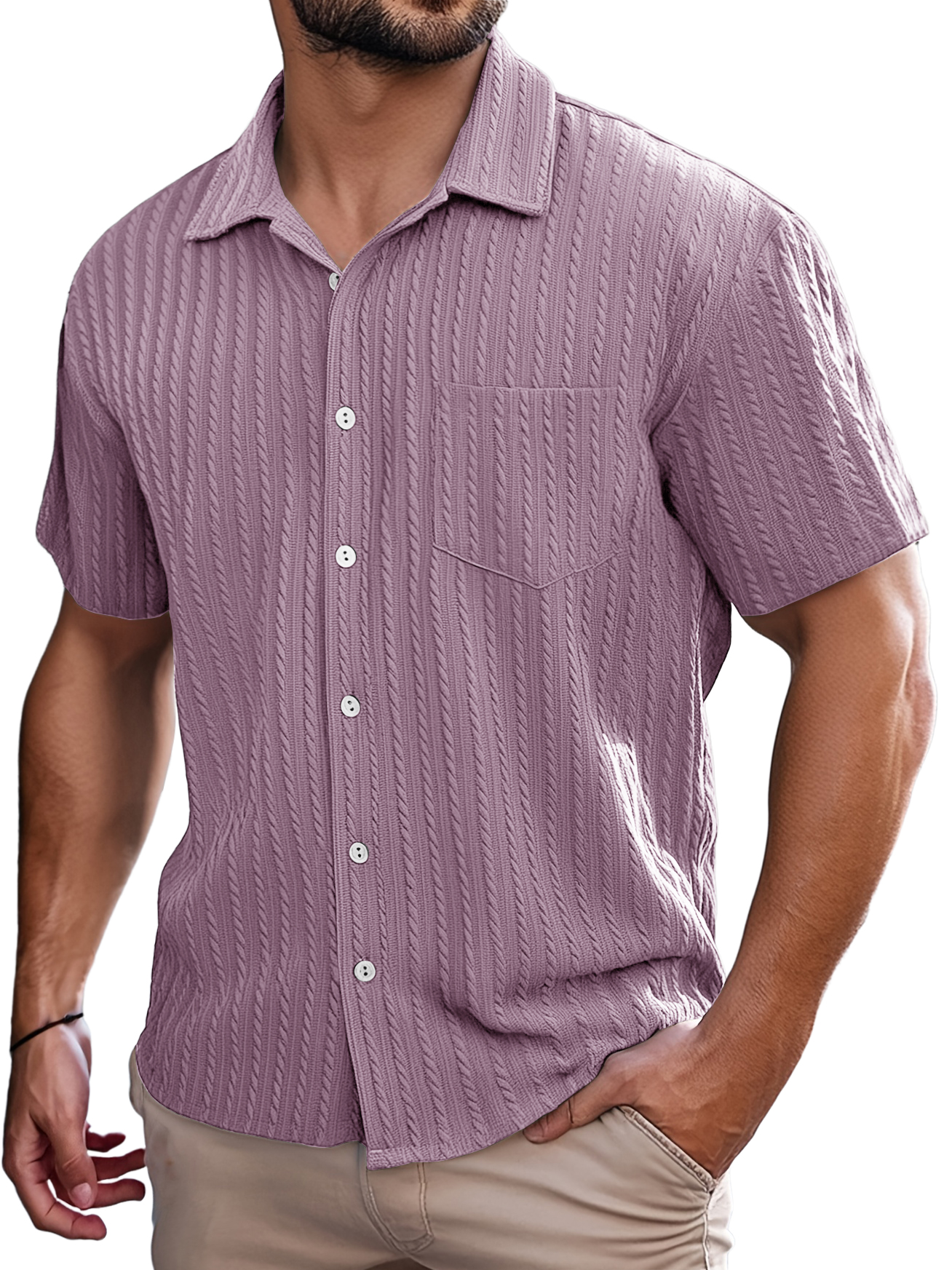 Men's Retro Casual Striped Jacquard Pocket Short-sleeved Shirt