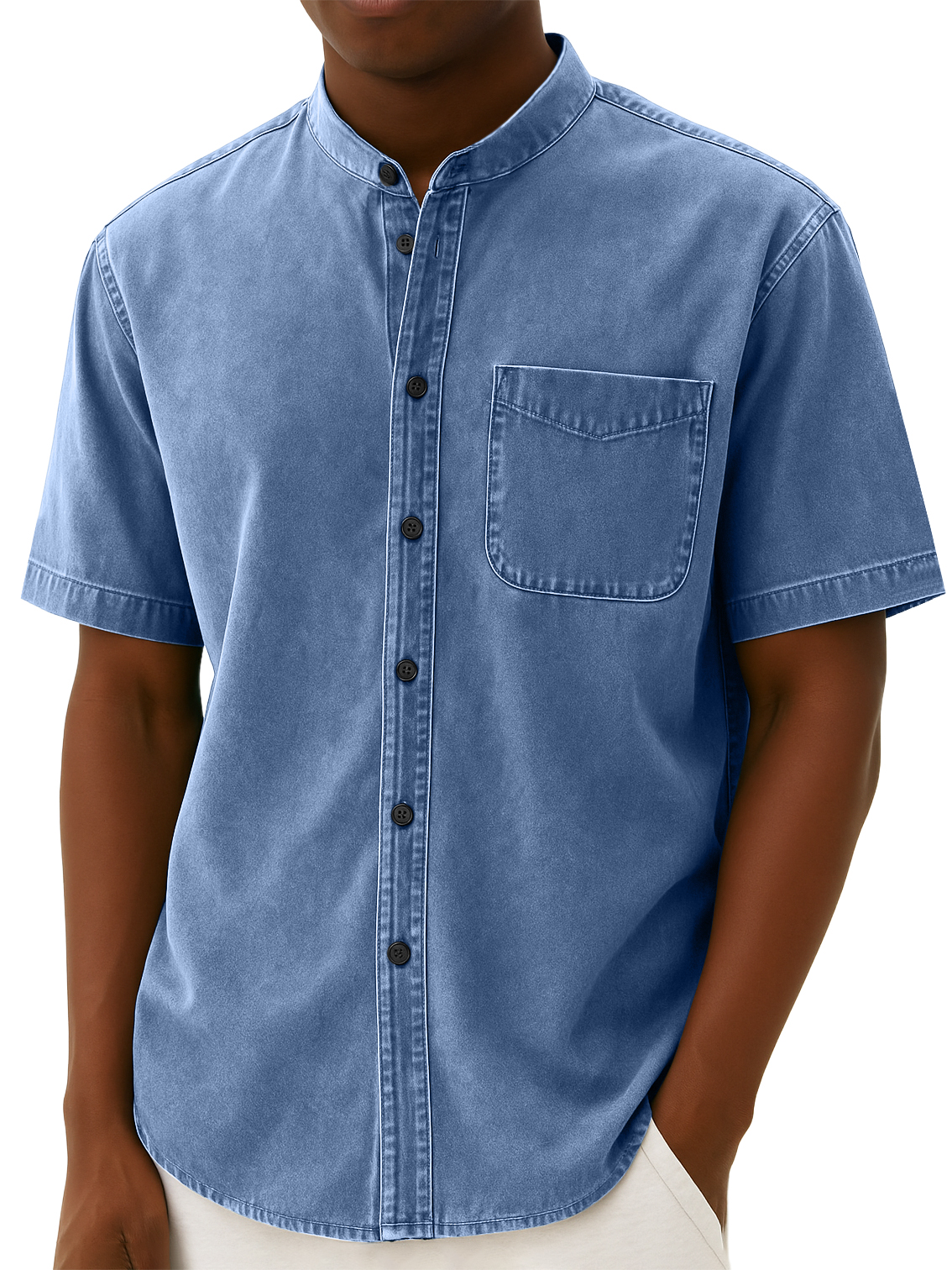 Men's Stylish Retro Distressed Pocket Work Short-sleeved Shirt With Stand-up Collar