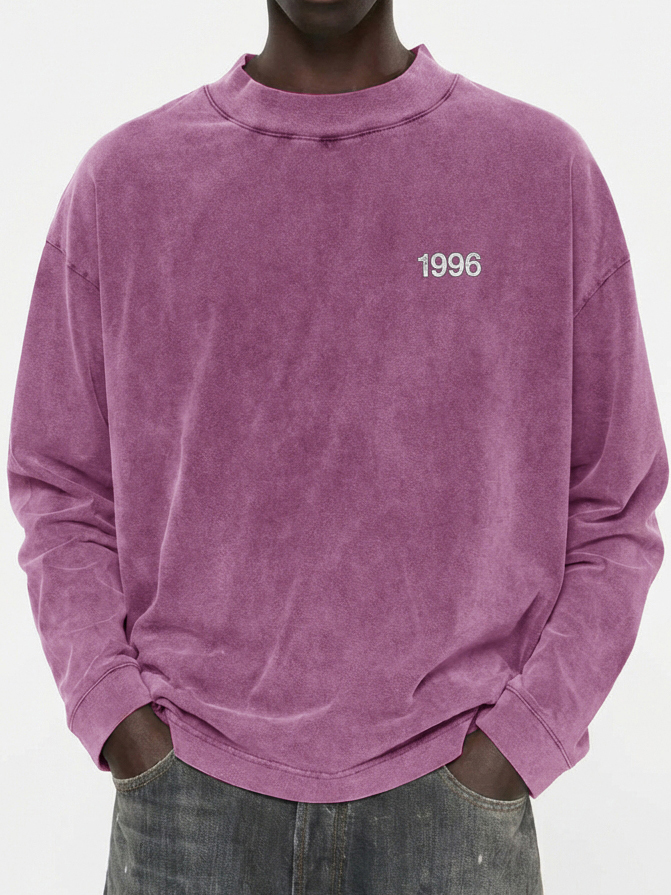 Men's 100% Cotton Vintage Washed and Distressed 1996 Crew Neck Long-Sleeved T-shirt