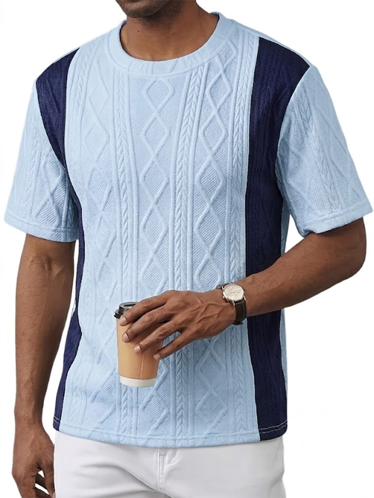 Men's Color Block Jacquard Textured Pullover Crew Neck T-Shirt