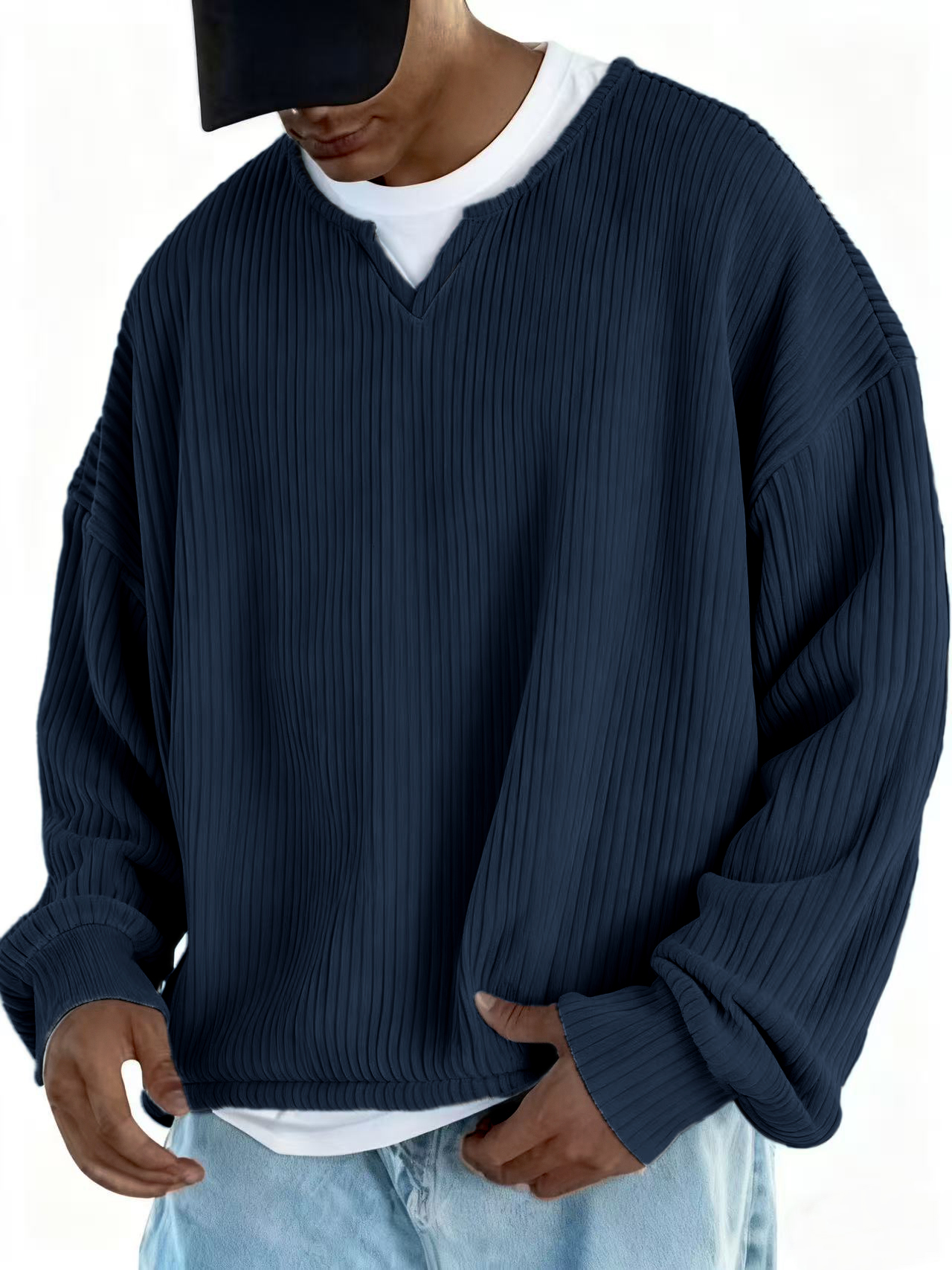 Men's V-neck Notch Collar Ribbed Long-sleeved Pullover