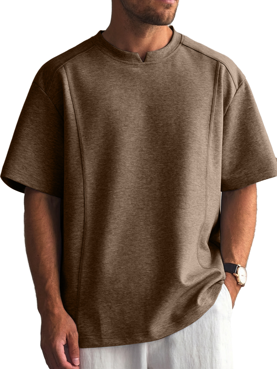 Men's Solid Color Deconstructed Short Sleeve T-Shirt with Shallow V-Neck