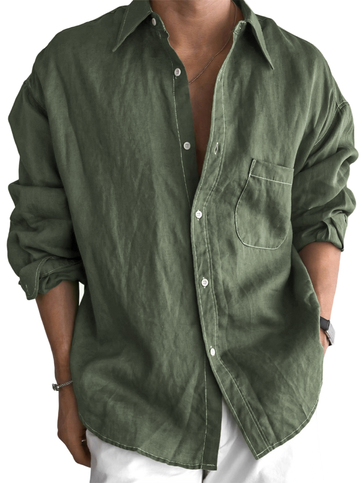 Men's Daily Cotton-linen Urban Casual Long-sleeve Shirt with Chest Pocket