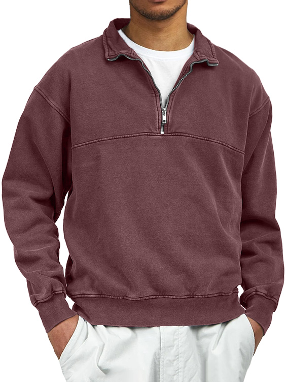 Men's Retro Distressed Quarter Zipper Stand Collar Long-Sleeve Sweatshirt