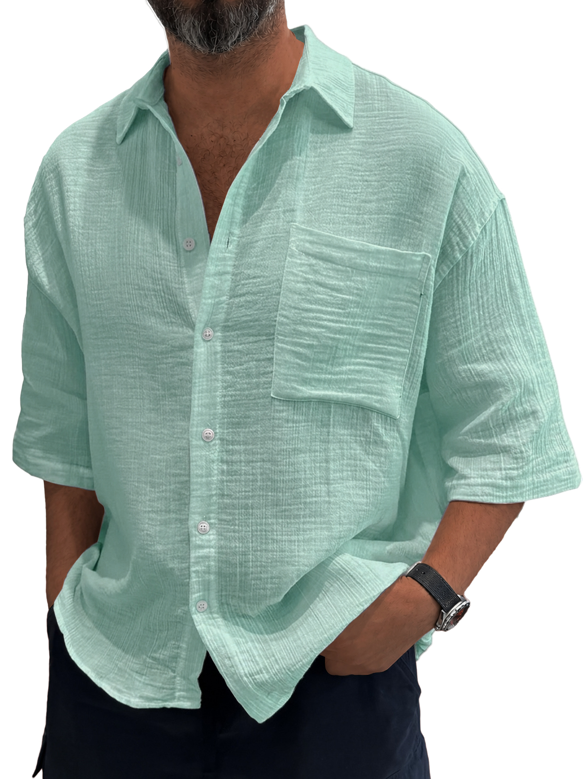 Men's Casual Loose Textured Striped Cool Short-Sleeve Shirt