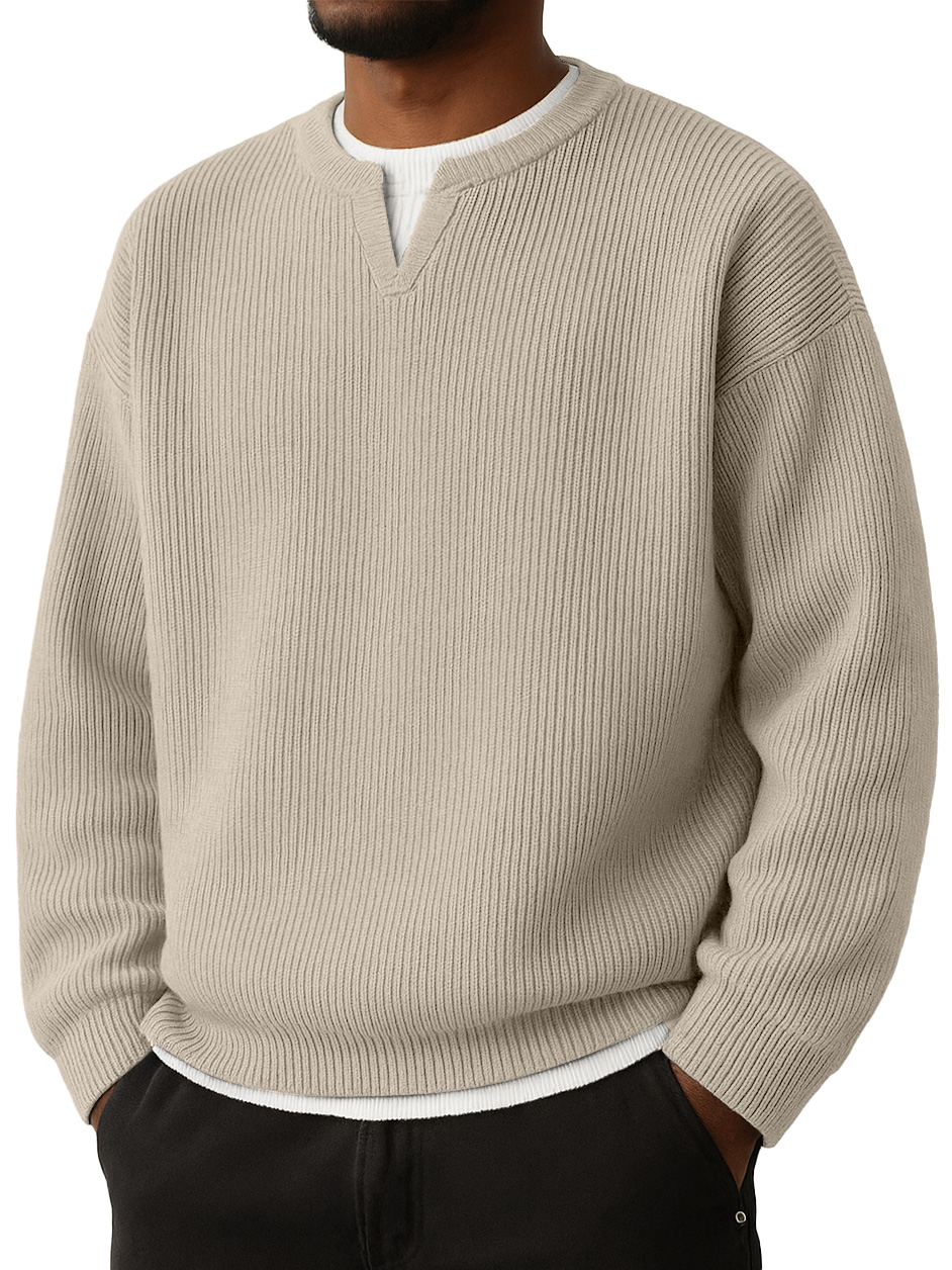Men's Simple Striped Jacquard V-Neck Faux Two-Piece Casual Long-Sleeve T-Shirt