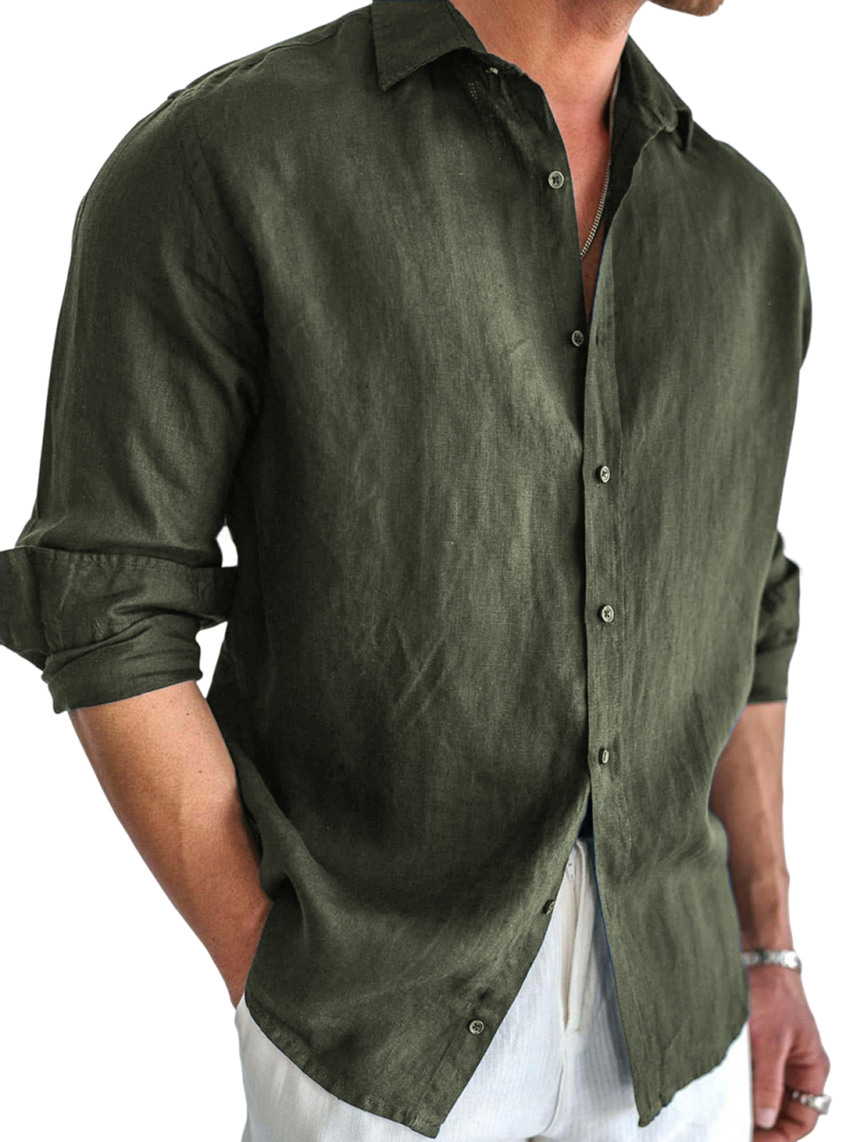 Men's Basic Cotton and Linen Long Sleeve Lapel Loose Button-down Cardigan Shirt