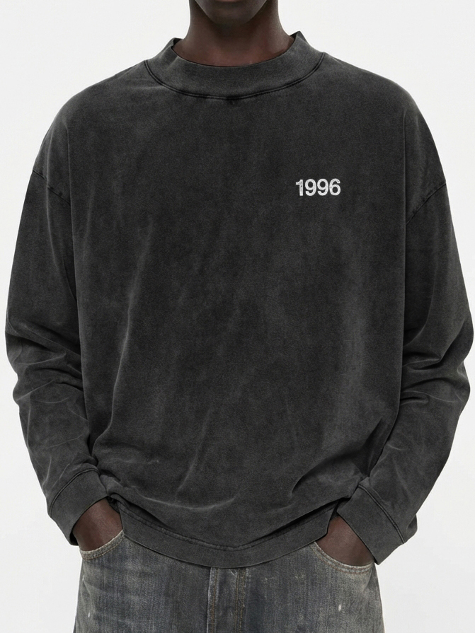 Men's 100% Cotton Vintage Washed and Distressed 1996 Crew Neck Long-Sleeved T-shirt