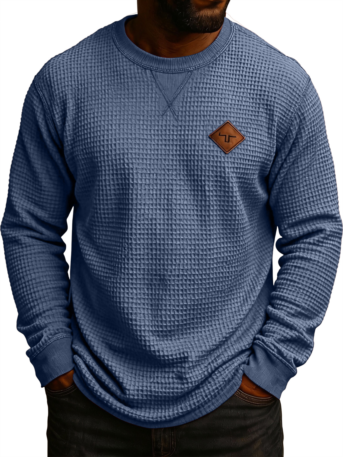 Men's Vintage Workwear Waffle Knit Embroidered Logo Crew Neck Long-Sleeve T-Shirt