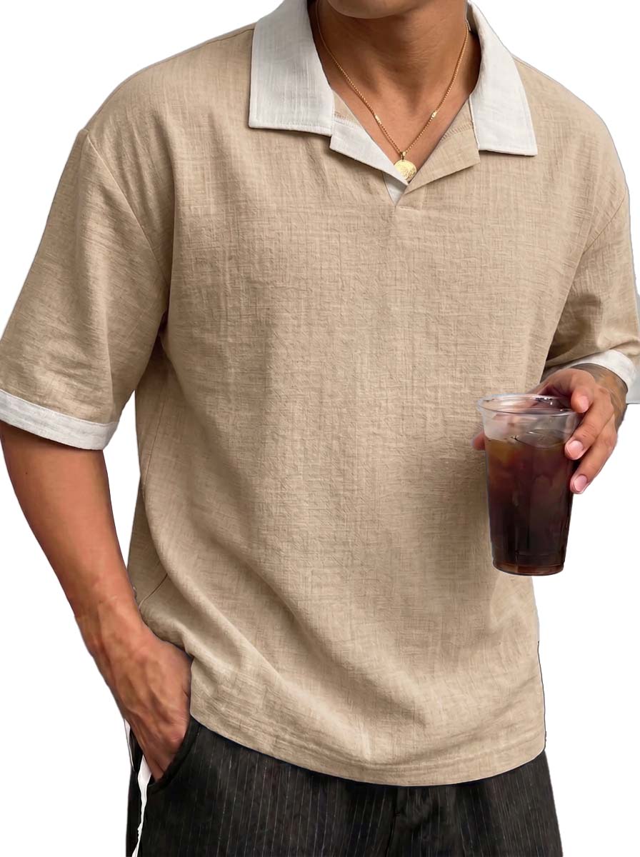 Men's Breathable Linen Color Block Pleated Resort Style Collared Shirt