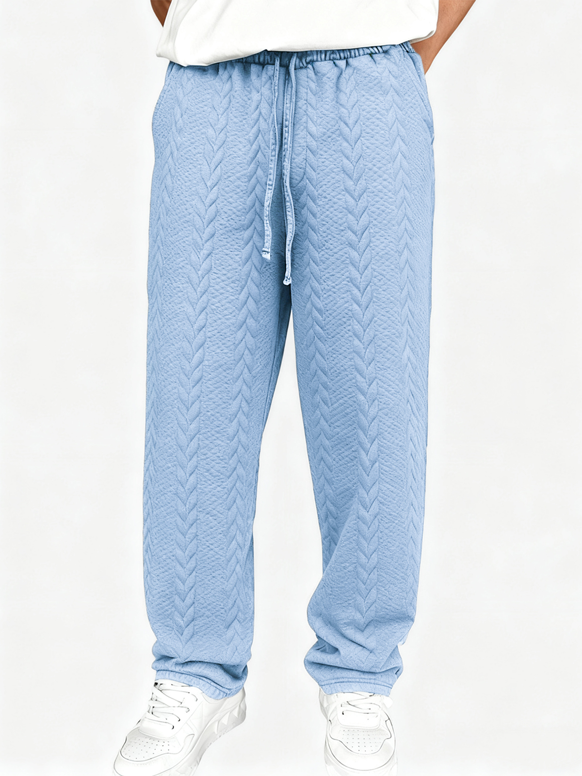 Men's Casual Jacquard Loose Solid Color Drawstring Wide-leg Straight Trousers