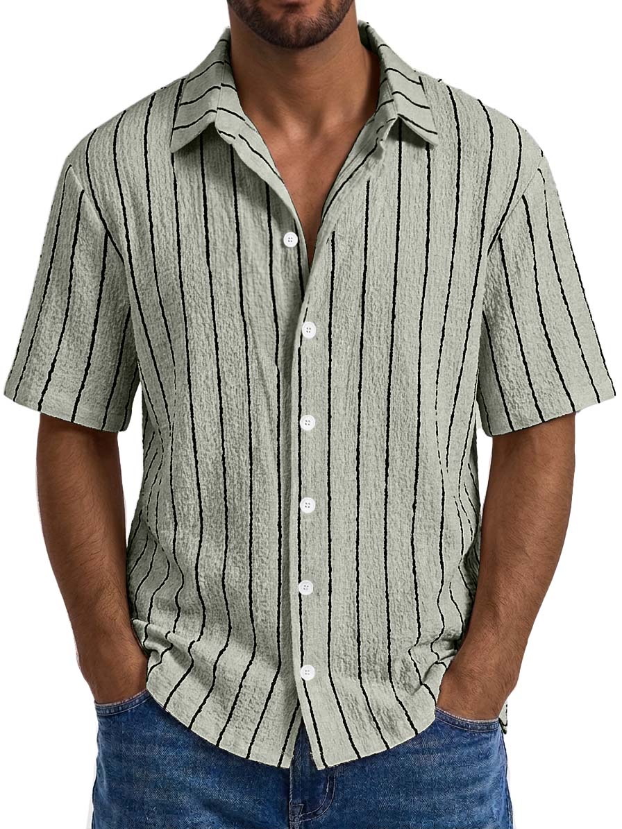 Men's Casual Textured Embroidered Logo Loose Comfort Striped Short Sleeved Shirt