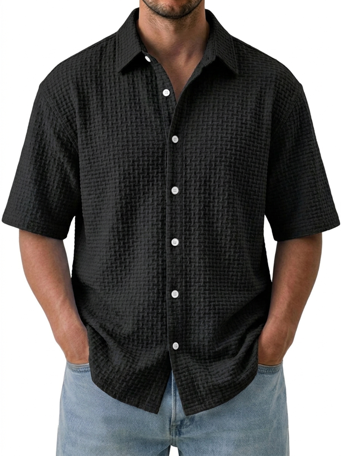 Men's Casual Comfortable Jacquard Textured Ice Silk Short Sleeve Shirt