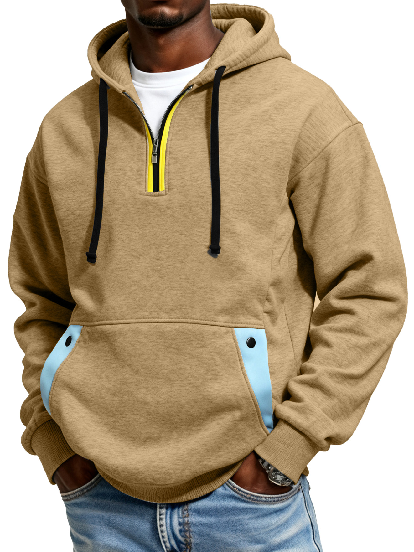 Men's Color Blocked Half Zip Hooded Pocket Sweatshirt