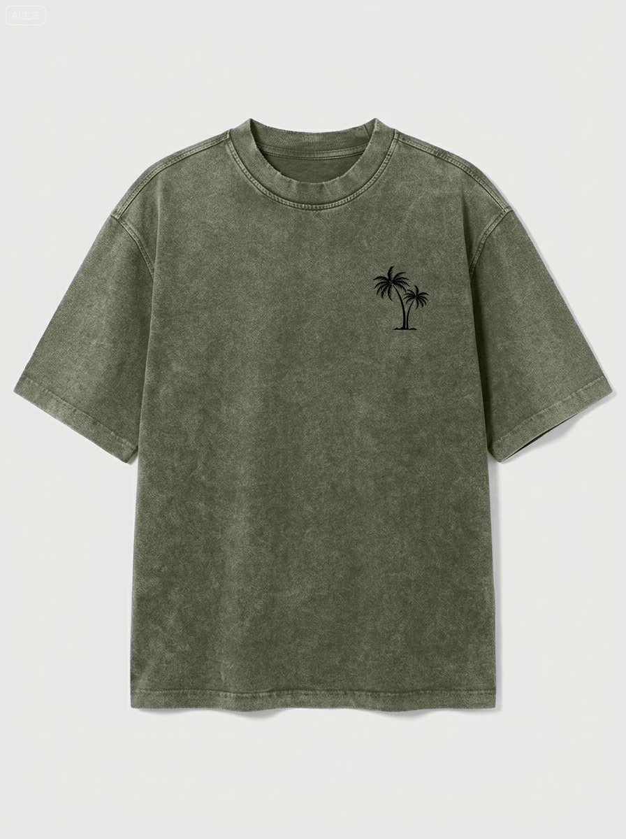 100% Cotton Vintage Washed & Distressed Crew-Neck Short-Sleeve T-Shirt with Palm Tree Print