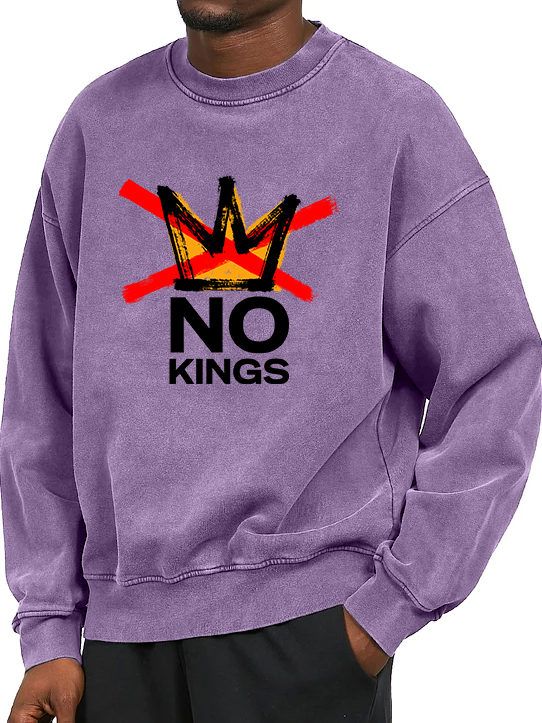 Men's Washed And Distressed Vintage No Kings Print Crewneck Sweatshirt