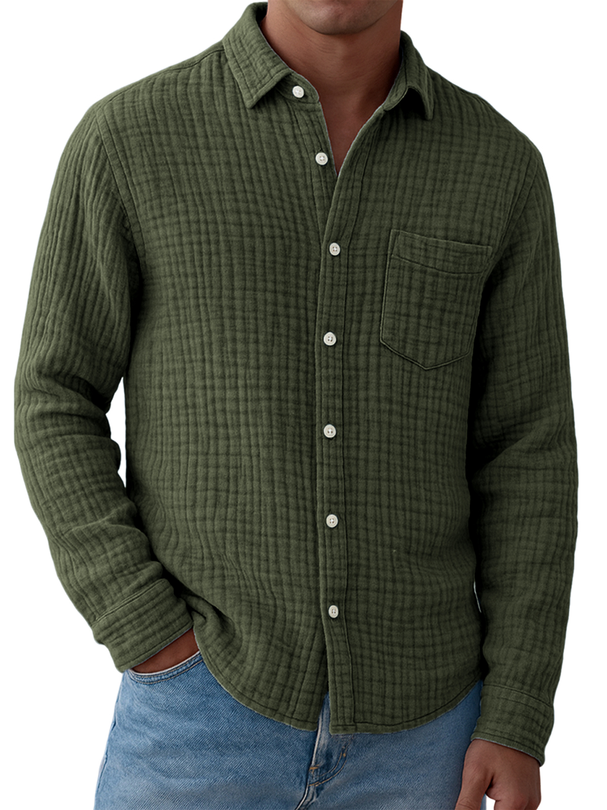 Men's Comfort Gauze Pleated Pocket Cotton Long Sleeve Shirt