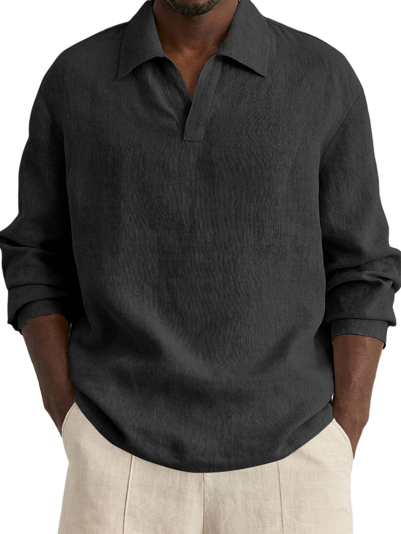 Men's Casual Simple Cotton Linen V-Neck Long-Sleeve Shirt